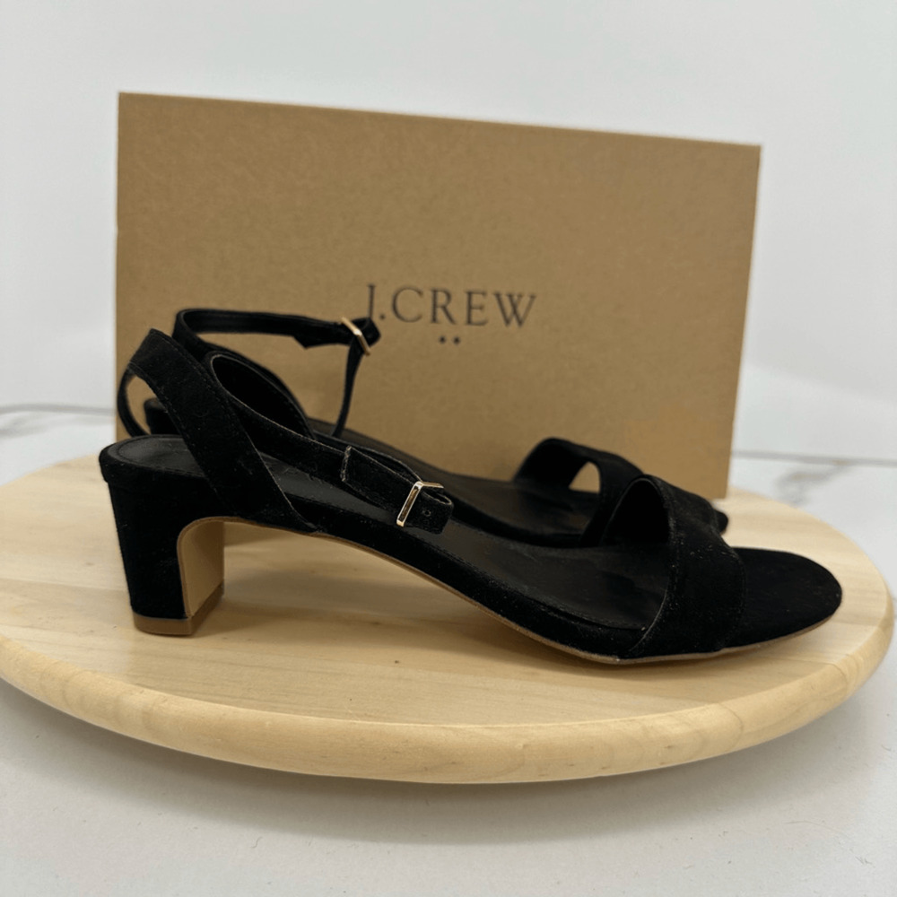 J. Crew Faux Sueded strapped kitten heeled sandals Size 6 Black Minimalist NEW
